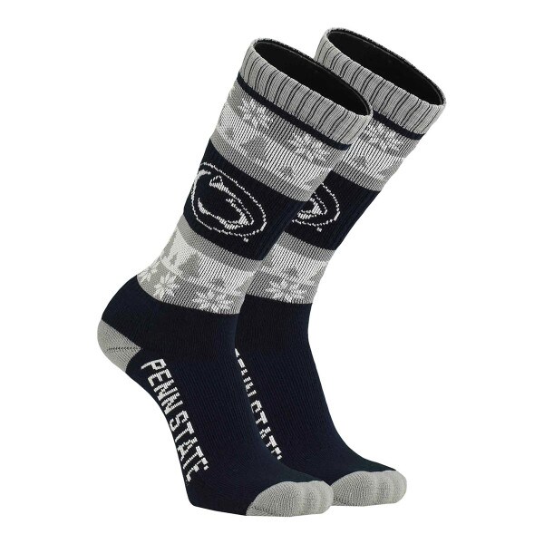 navy gray and white socks with Penn State Athletic Logo, snowflakes, and pine trees